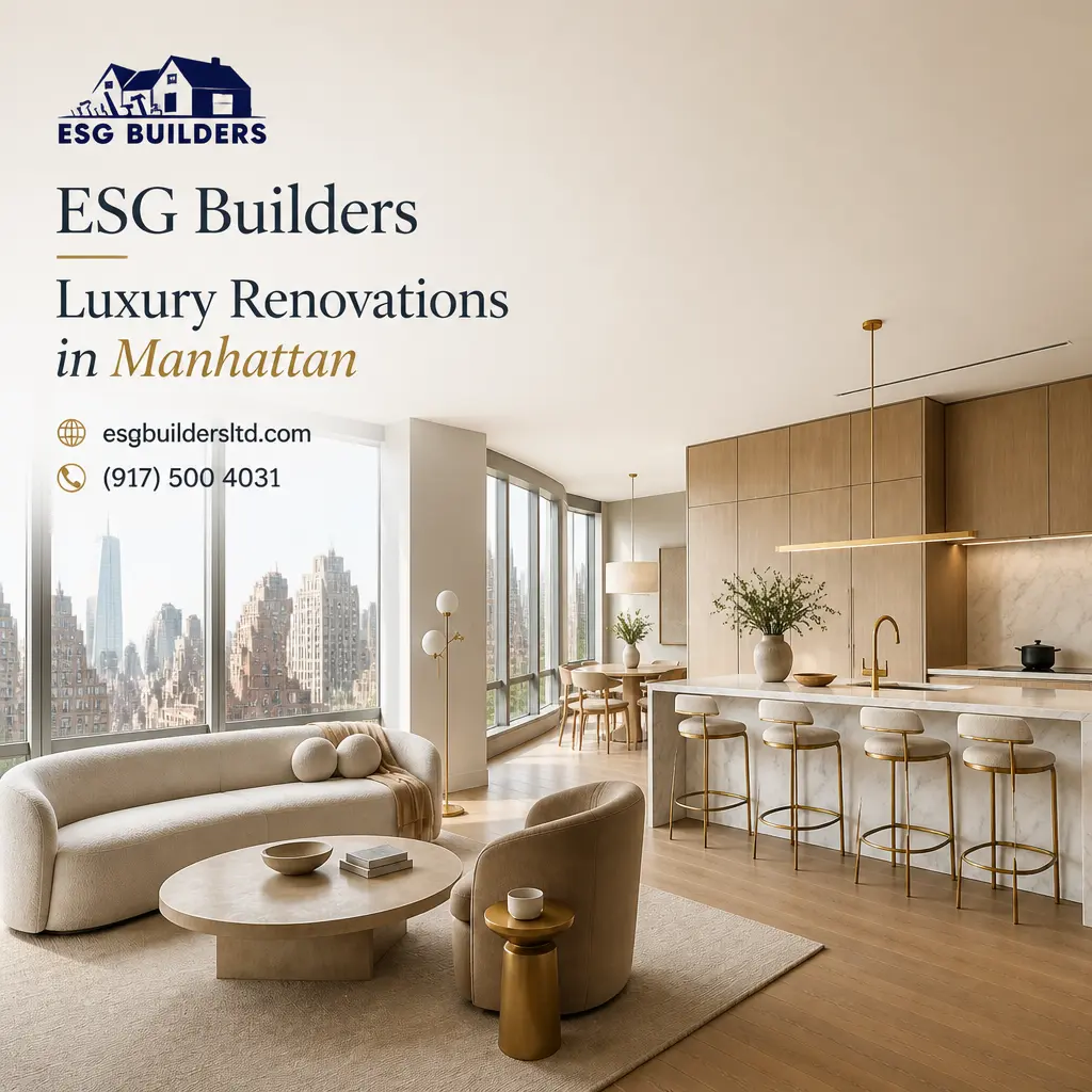Branded visual for an apartment renovation in Manhattan, highlighting planning, approvals, and construction logistics.