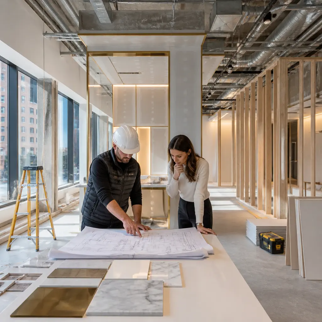 Commercial remodeling project in NYC with a contractor reviewing renovation plans