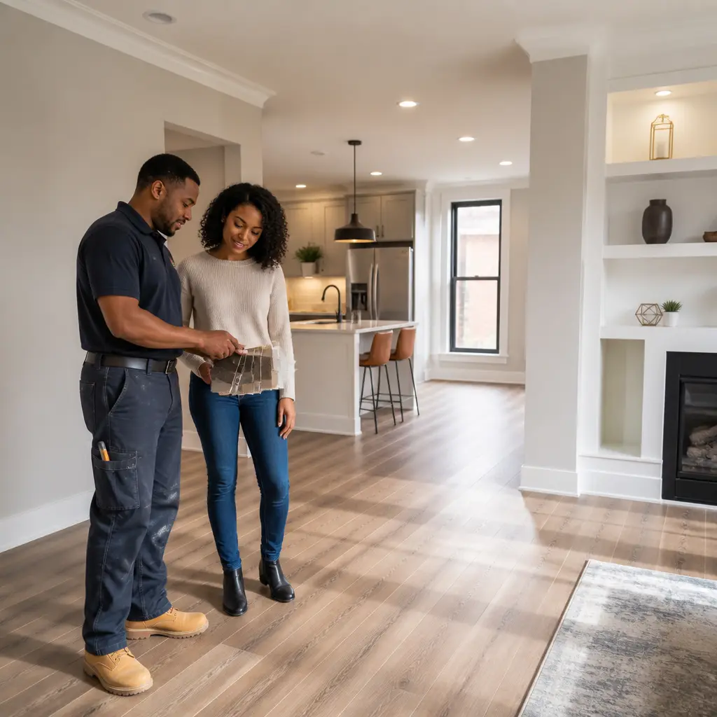 Home remodeling project in the Bronx with a contractor and homeowner reviewing interior upgrades