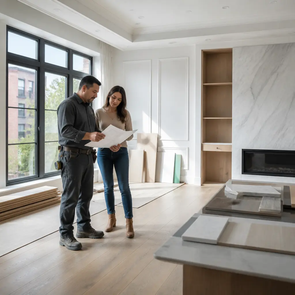 Home remodeling project in Country Club, Bronx with a contractor reviewing interior updates