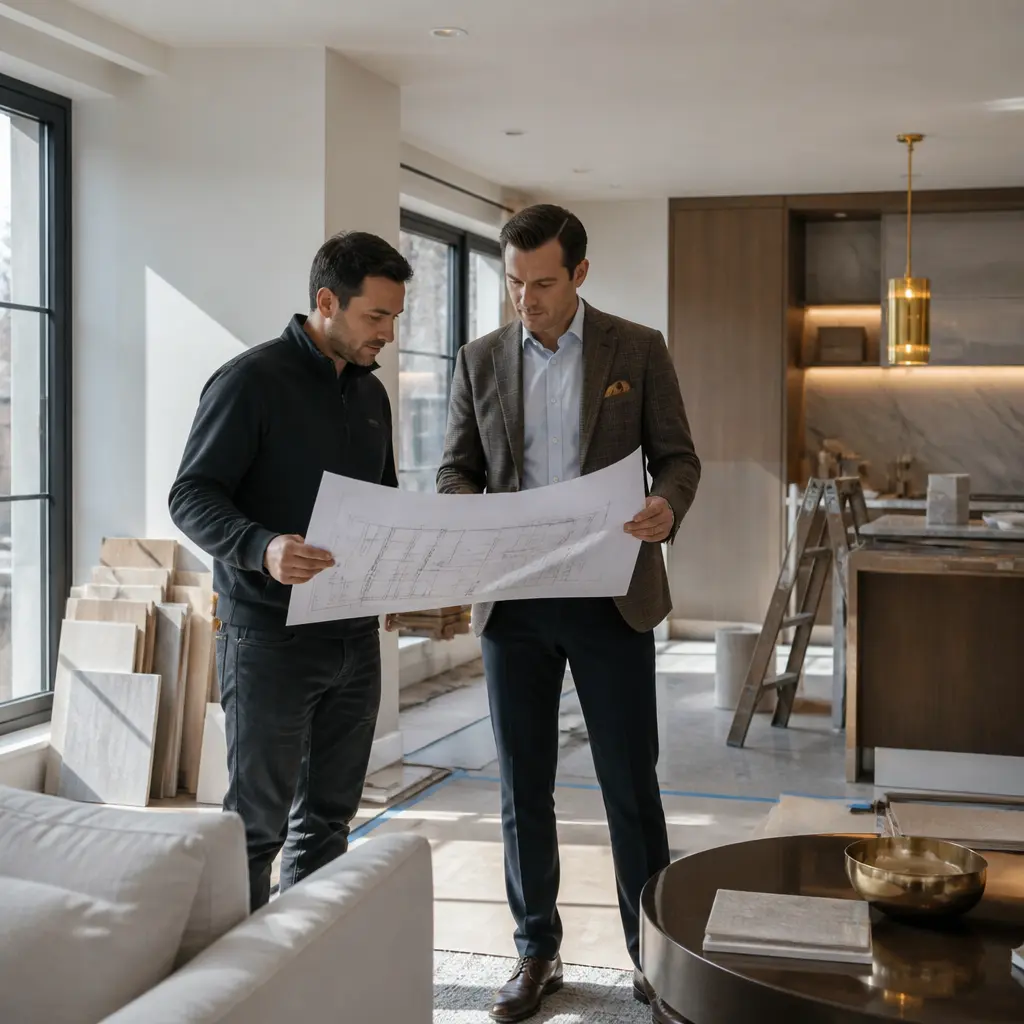 Remodeling Services NoHo, Manhattan 1 Home remodeling project in NoHo, Manhattan with contractor reviewing renovation plans