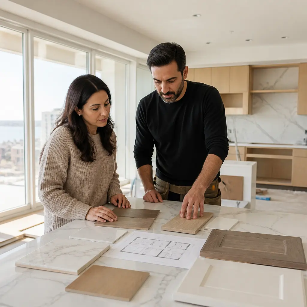 Home remodeling project in Staten Island with contractor and homeowner reviewing renovation plans