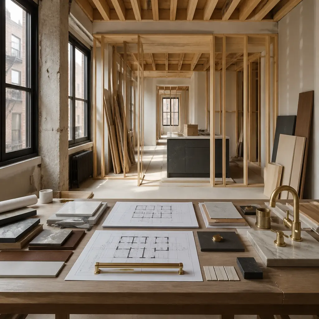 Residential remodeling project in Tribeca, Manhattan with renovation materials and design plans