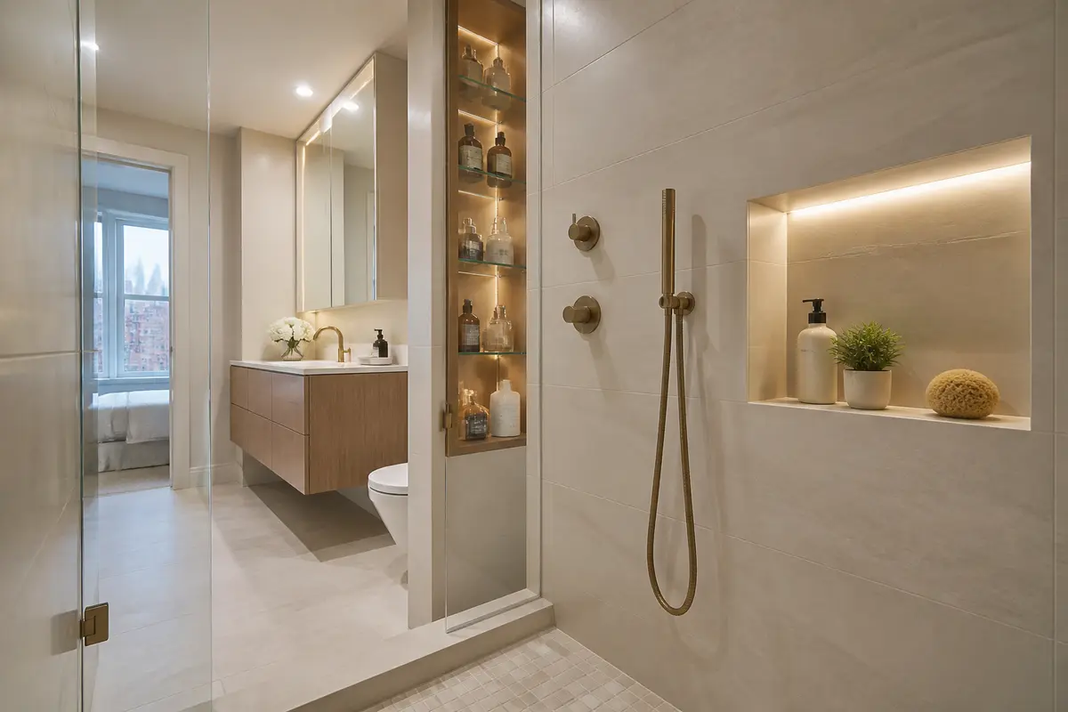 Recessed medicine cabinet and built-in shower niche in a small bathroom