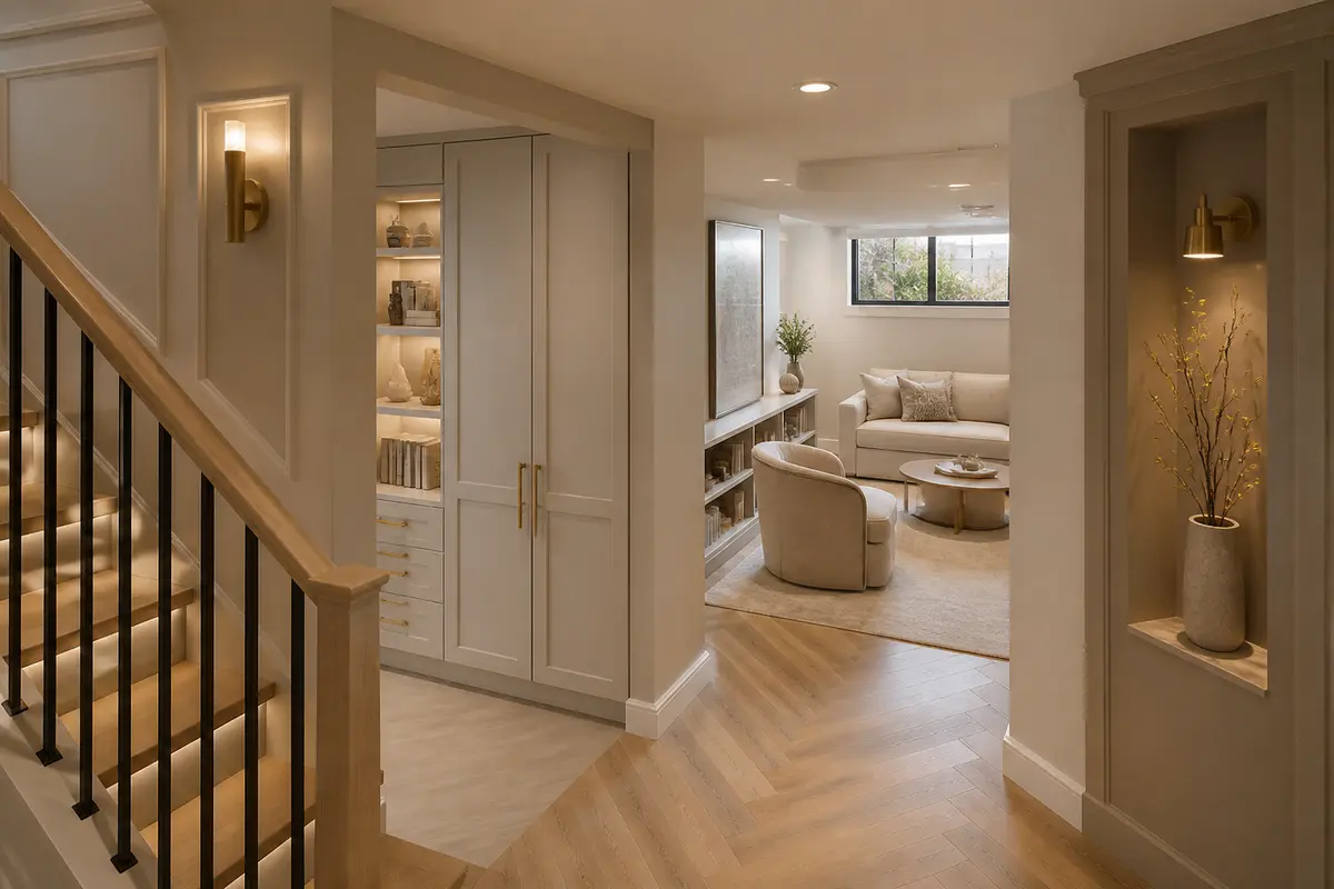 Basement renovation planning table with floor plan, material samples, and measurements