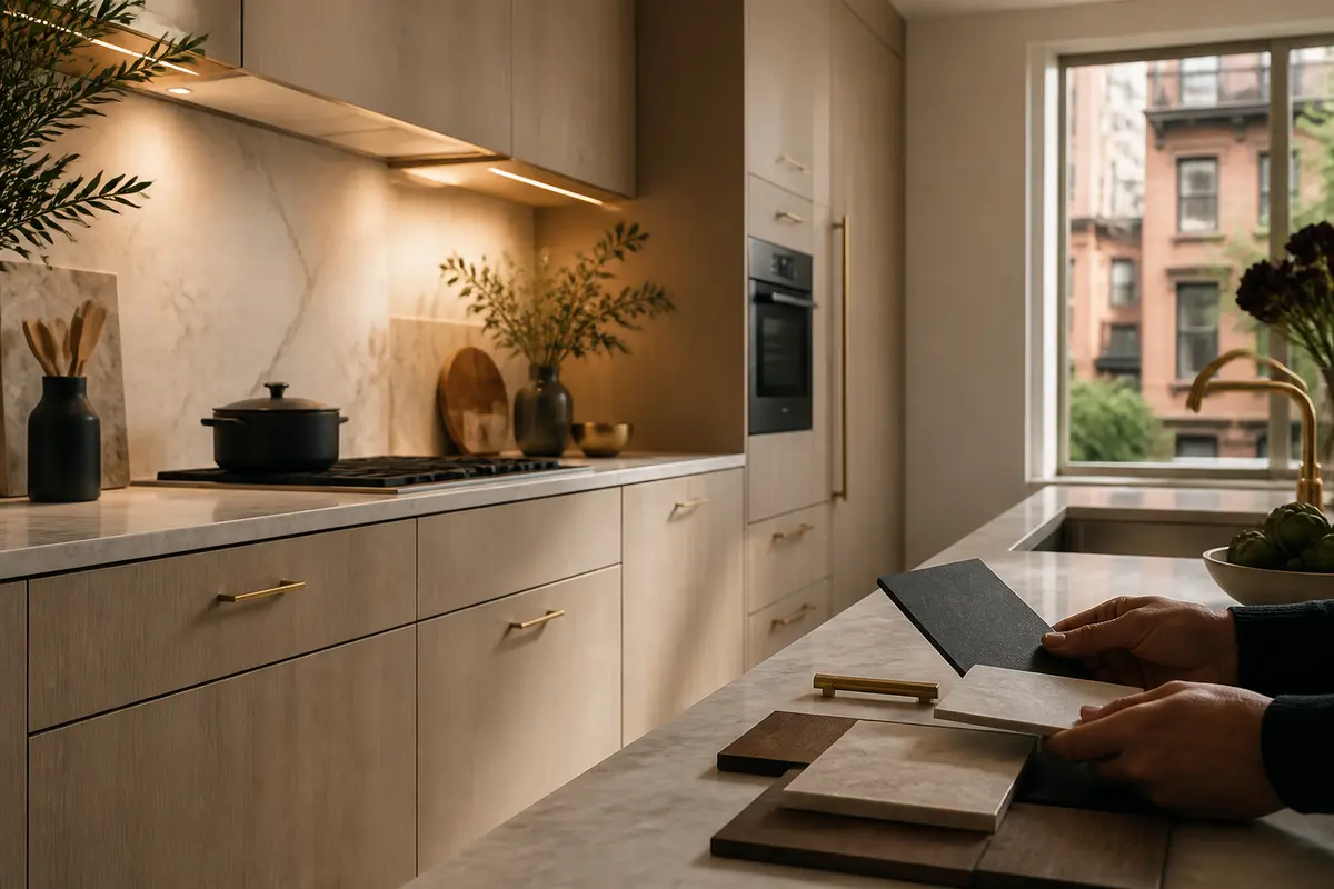 Compact galley kitchen with organized drawers and task lighting