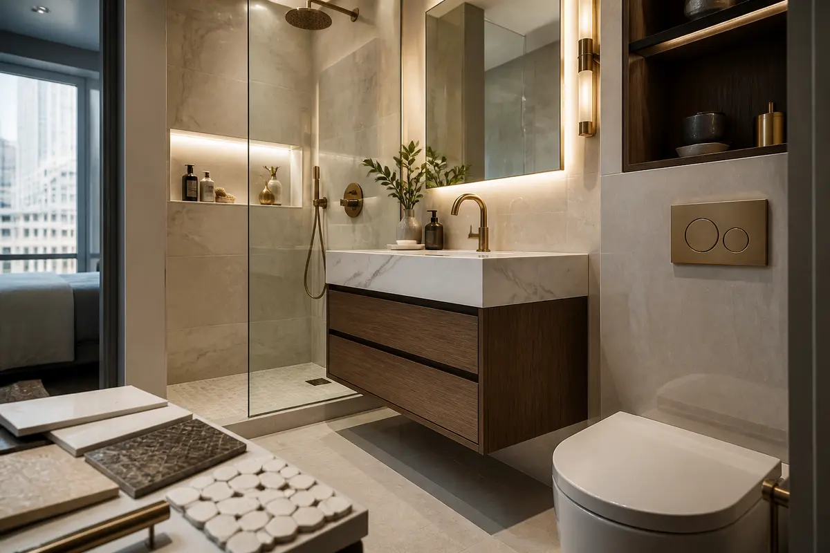 Bathroom floor plan with fixture measurements and clearance notes