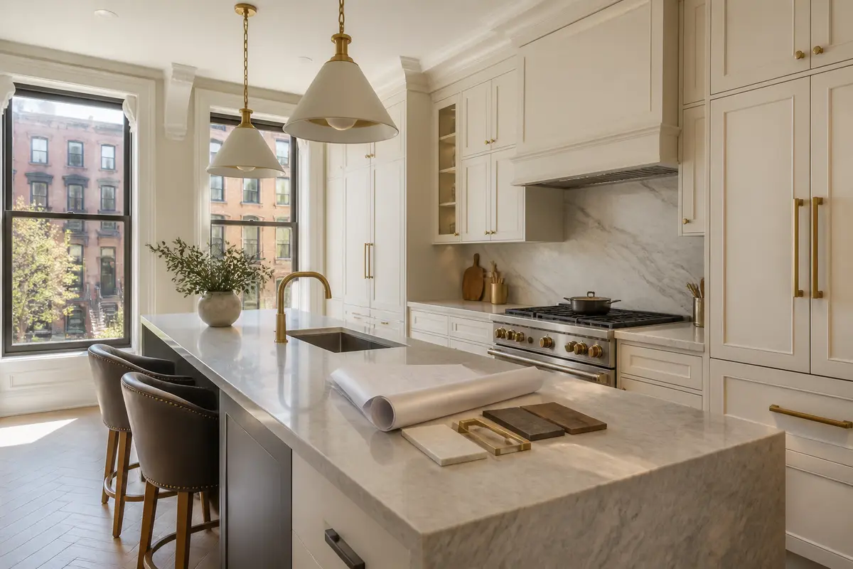 Contractor reviewing kitchen renovation drawings in a New York City apartment