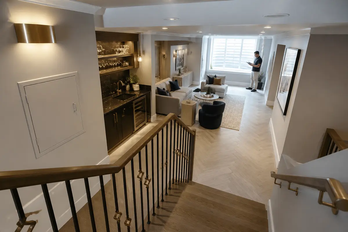 What to Check Before Finishing an NYC Basement: A Homeowner’s Final Checklist 2 Basement egress window, smoke alarm, and clear stair path