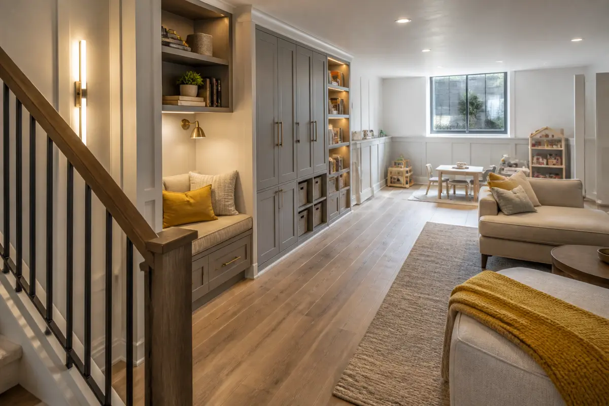Layered lighting and durable flooring in a welcoming basement family room