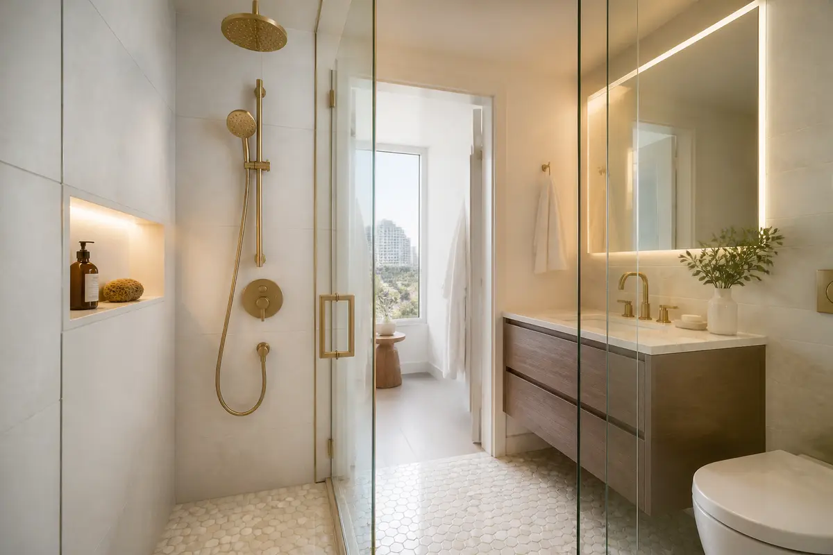 Walk-in shower with textured mosaic floor tile and large wall tiles