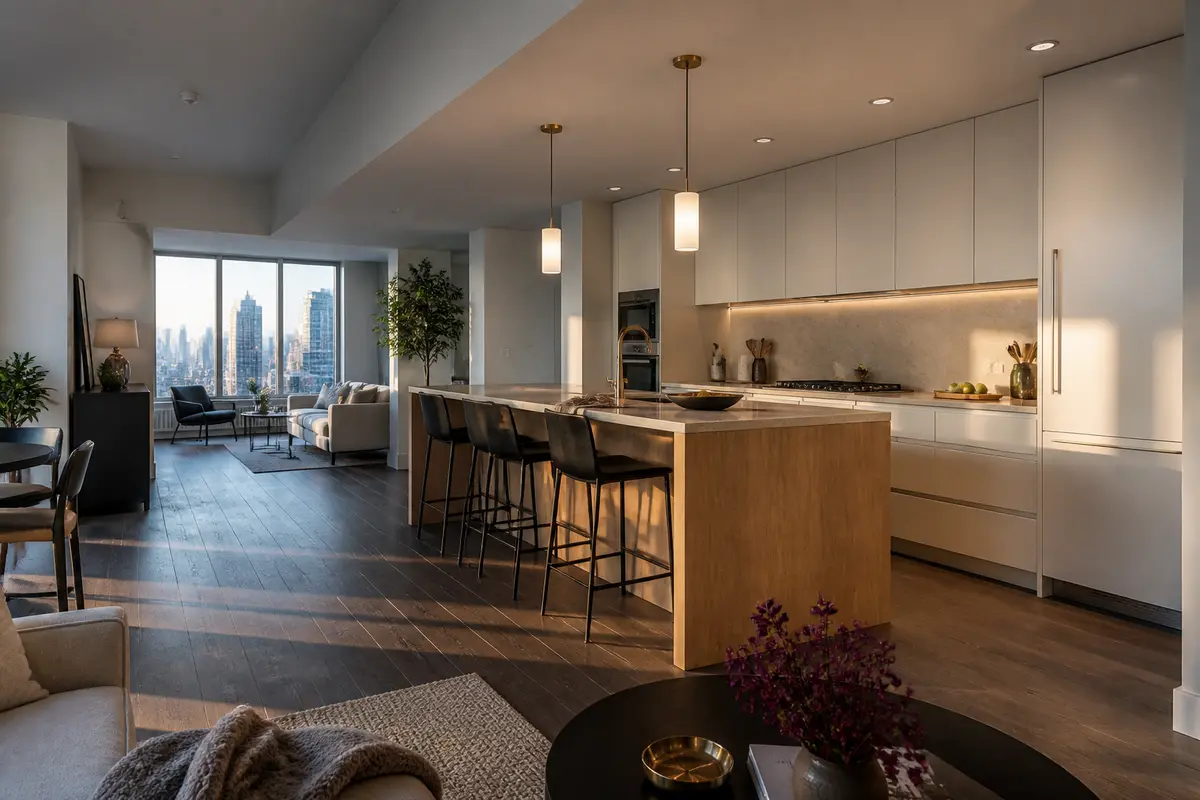 Designer reviewing cabinet samples beside a kitchen floor plan