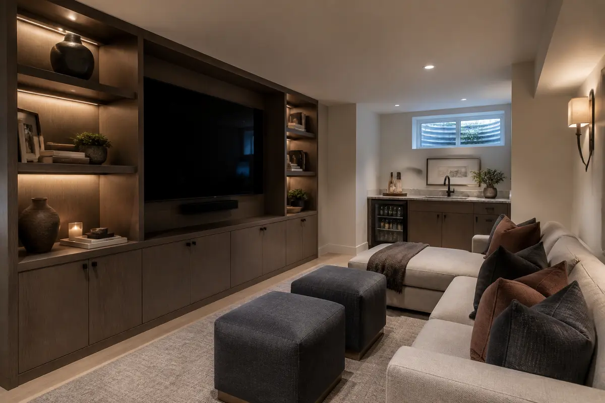 How to Improve Lighting in an NYC Basement 2 Finished basement lounge with layered recessed, task, and accent lighting