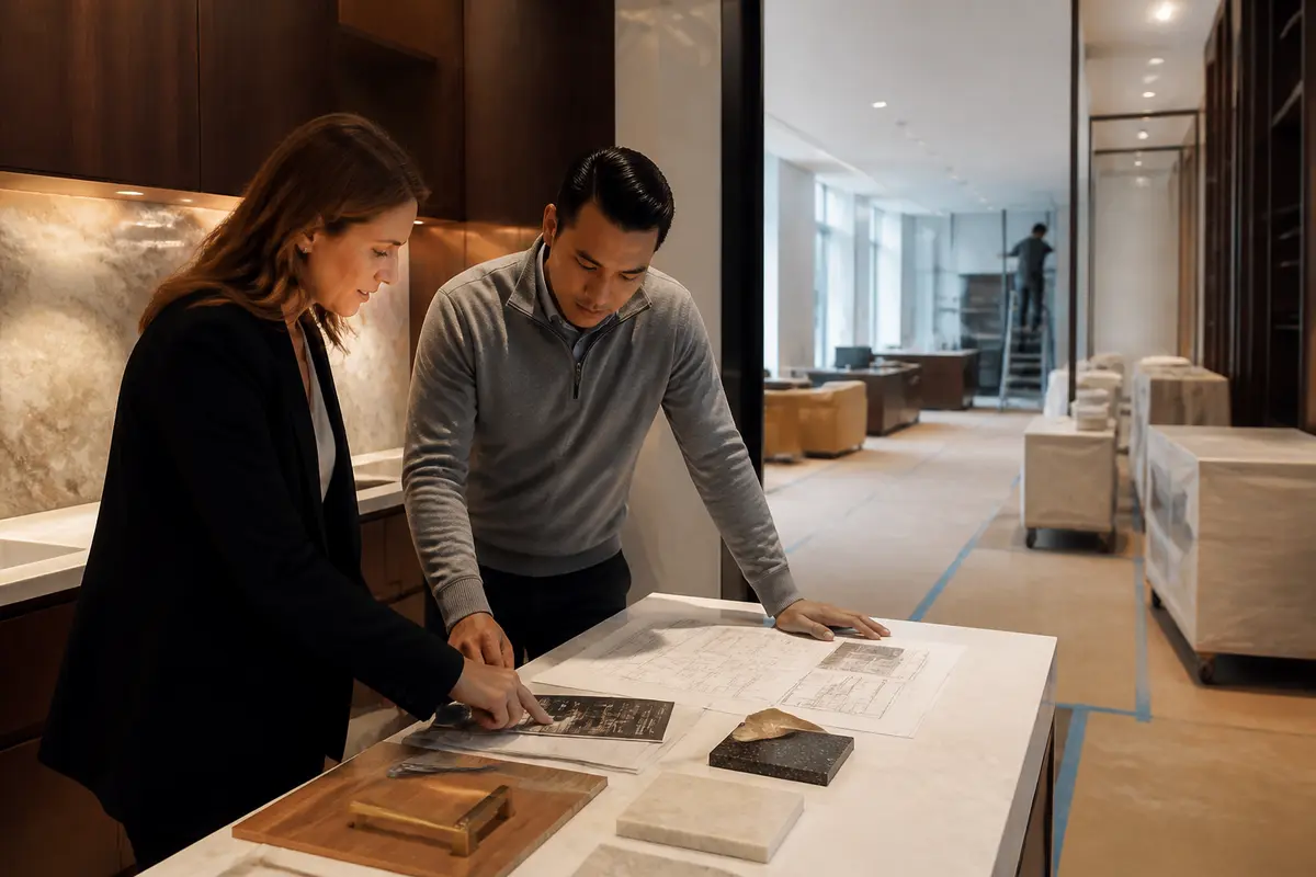 How to Minimize Business Disruption During an NYC Commercial Remodel 2 Temporary protected walkway beside a partitioned commercial renovation area