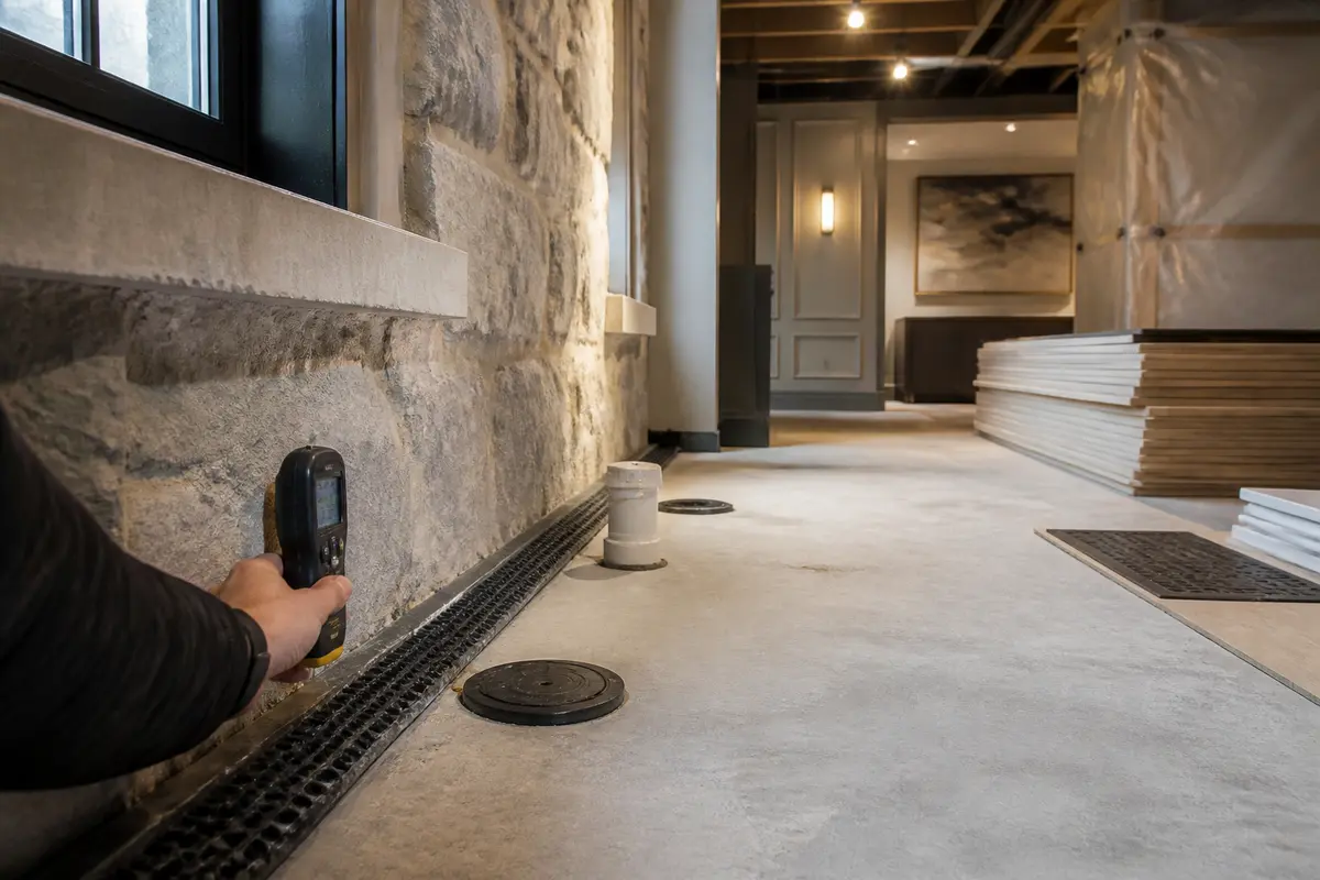 Moisture-resistant flooring materials staged in a renovated basement