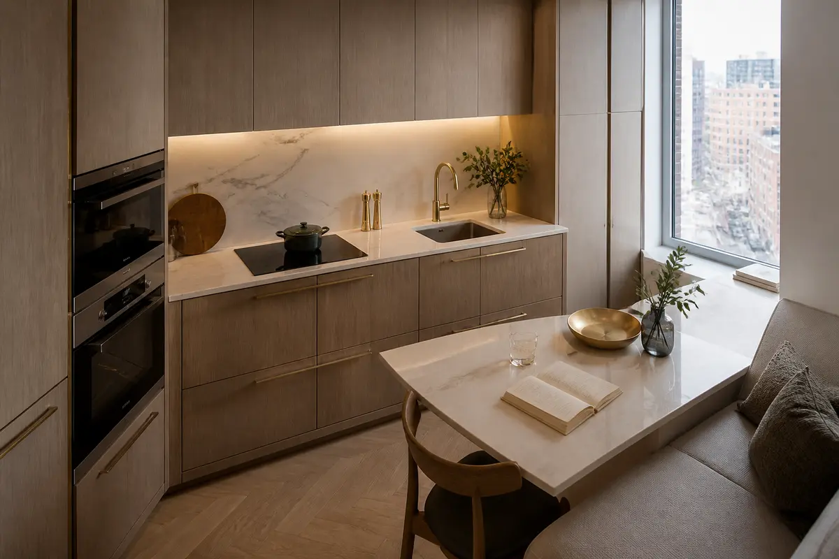 How to Remodel an NYC Home Without Wasting Space 2 Space-efficient kitchen with compact appliances and clear passage space in an NYC apartment