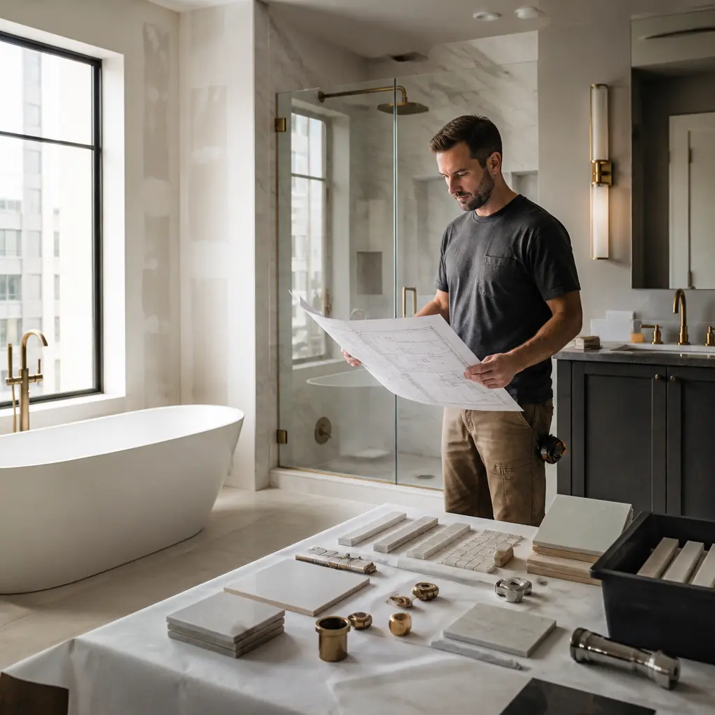 Remodeling Service NYC 2 Remodeling contractor reviewing a bathroom renovation in NYC