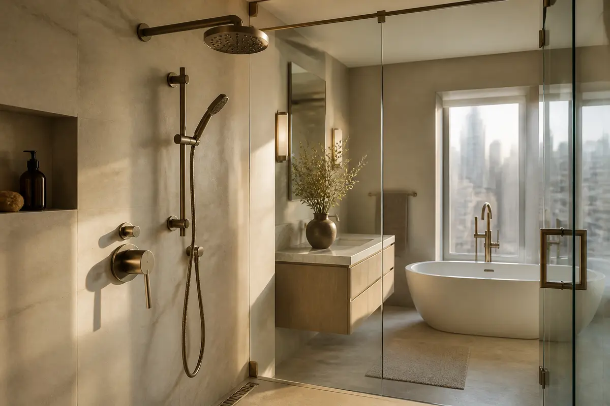 Bathtub with tiled surround in a thoughtfully planned apartment bathroom